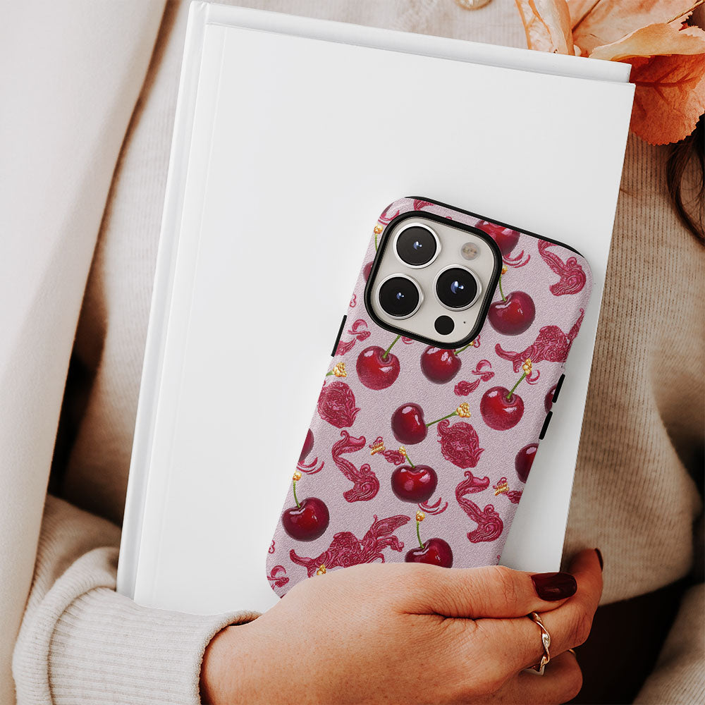 เคส iPhone สีเชอร์รี่ด้านเนื้อแข็งพิมพ์ลายด้วยมือสองชั้น