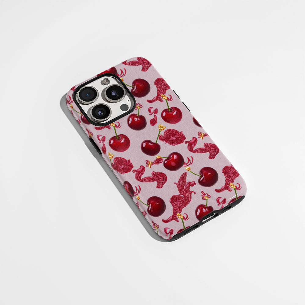 เคส iPhone สีเชอร์รี่ด้านเนื้อแข็งพิมพ์ลายด้วยมือสองชั้น