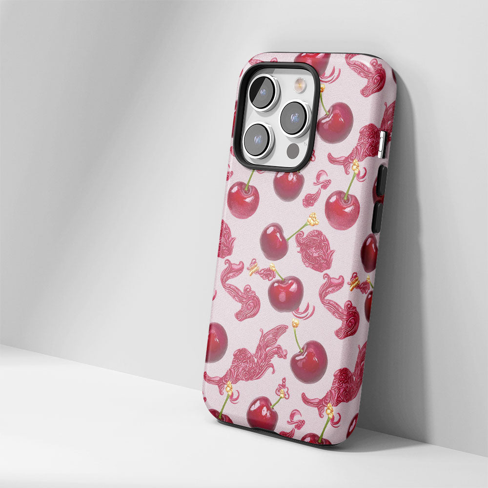 เคส iPhone สีเชอร์รี่ด้านเนื้อแข็งพิมพ์ลายด้วยมือสองชั้น