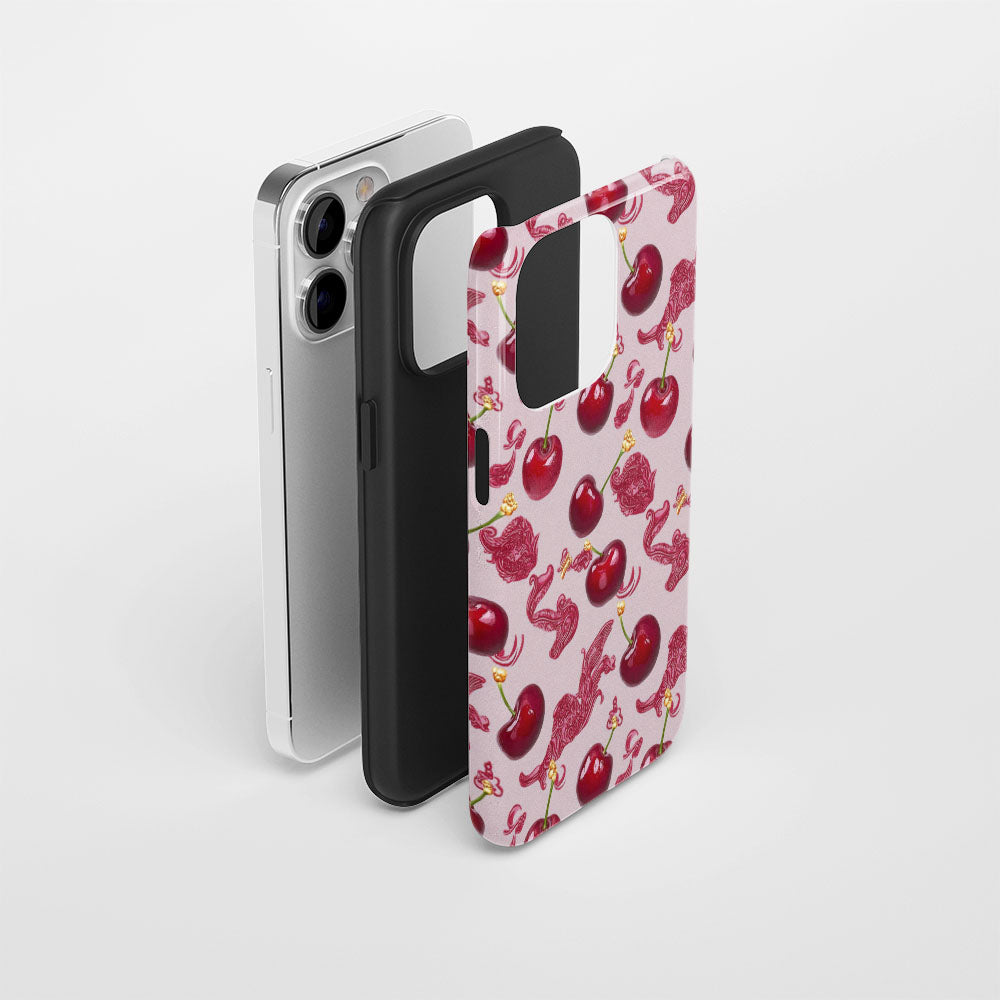 เคส iPhone สีเชอร์รี่ด้านเนื้อแข็งพิมพ์ลายด้วยมือสองชั้น