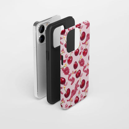 เคส iPhone สีเชอร์รี่ด้านเนื้อแข็งพิมพ์ลายด้วยมือสองชั้น