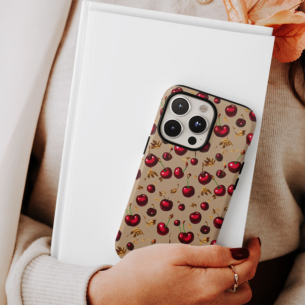 เคส iPhone สีเชอร์รี่ด้านเนื้อแข็งพิมพ์ลายด้วยมือสองชั้น