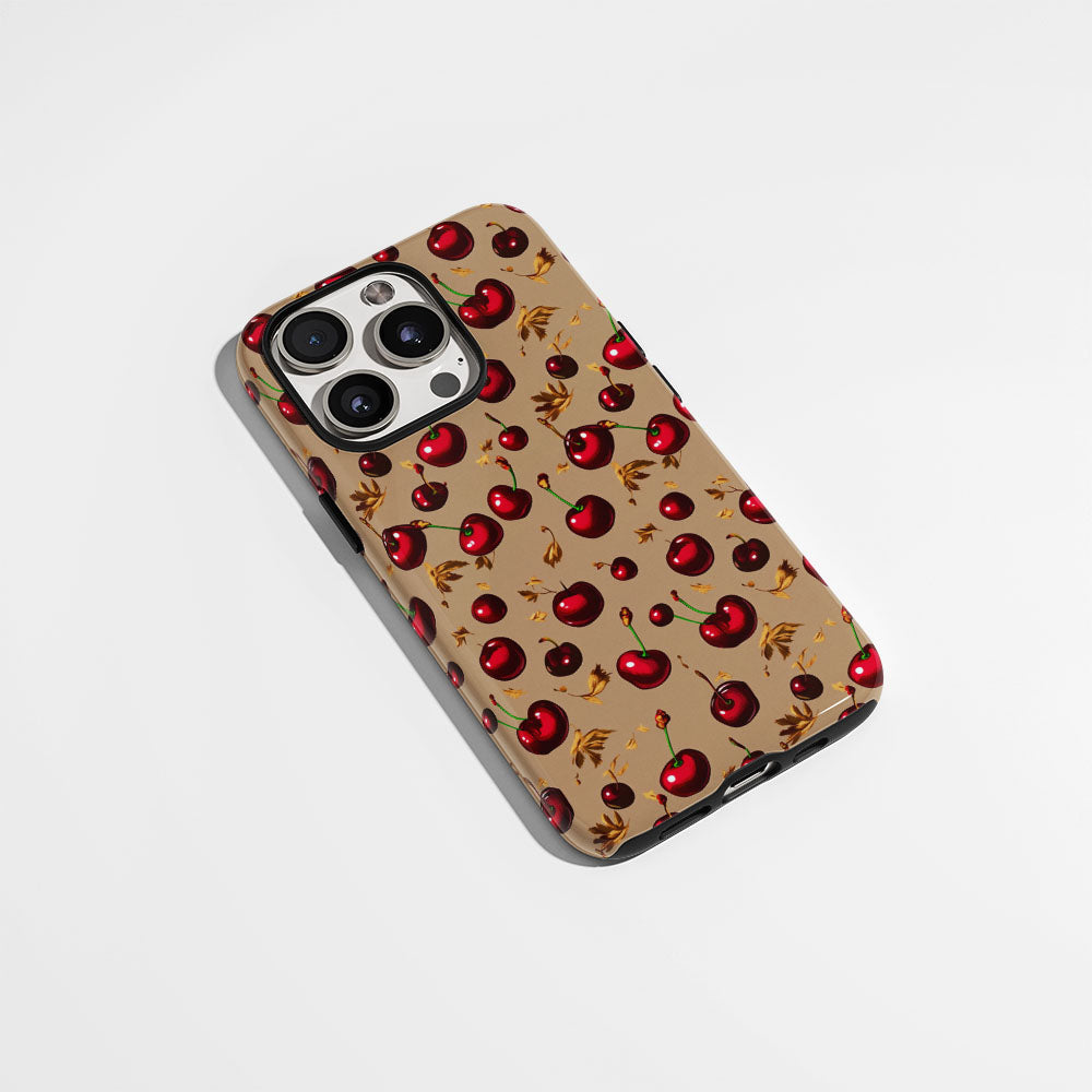 เคส iPhone สีเชอร์รี่ด้านเนื้อแข็งพิมพ์ลายด้วยมือสองชั้น