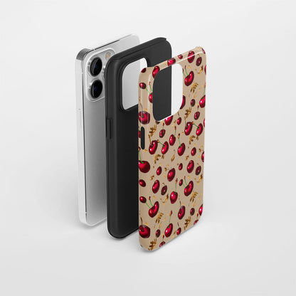 เคส iPhone สีเชอร์รี่ด้านเนื้อแข็งพิมพ์ลายด้วยมือสองชั้น