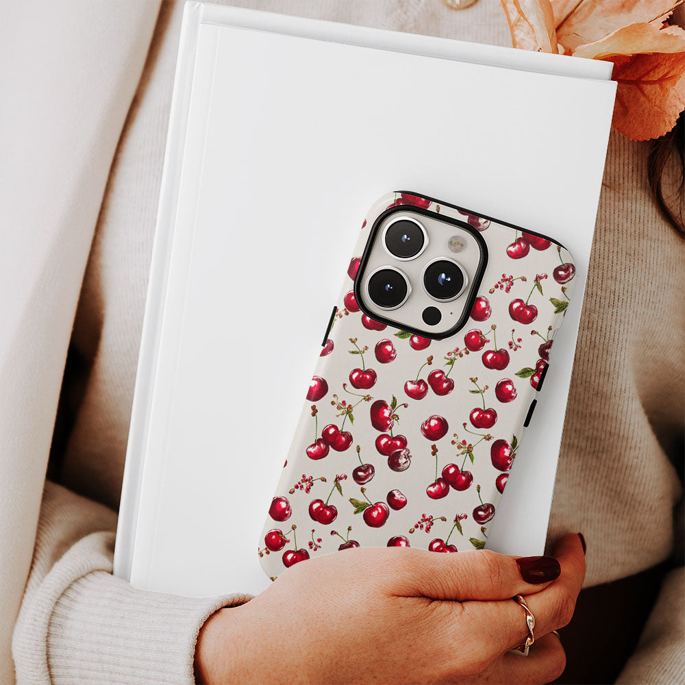 เคส iPhone สีเชอร์รี่ด้านเนื้อแข็งพิมพ์ลายด้วยมือสองชั้น