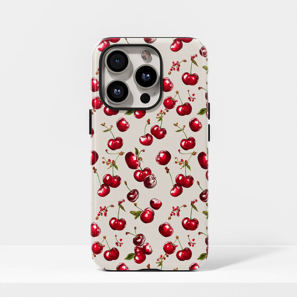 เคส iPhone สีเชอร์รี่ด้านเนื้อแข็งพิมพ์ลายด้วยมือสองชั้น