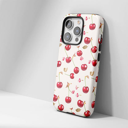 เคส iPhone สีเชอร์รี่ด้านเนื้อแข็งพิมพ์ลายด้วยมือสองชั้น