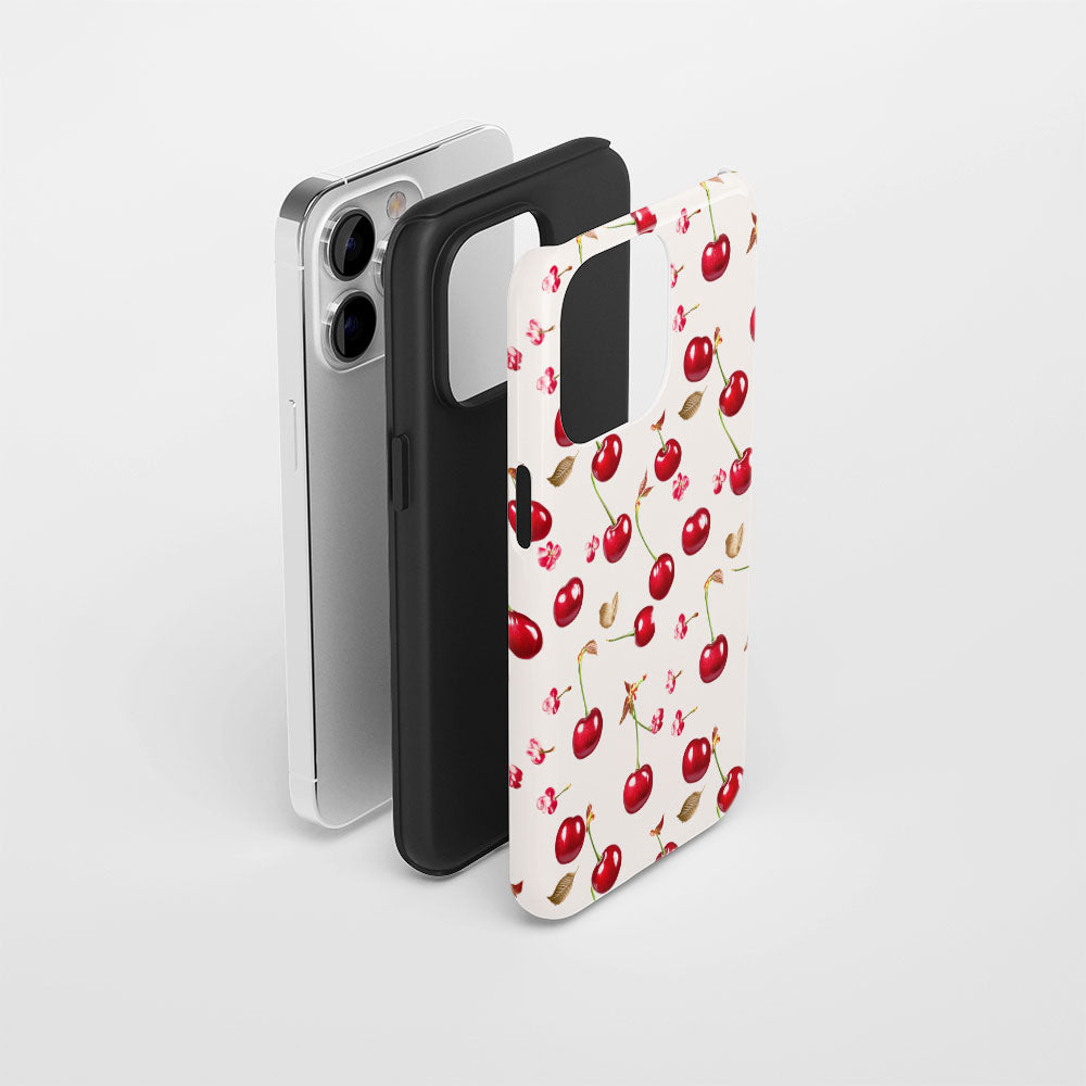 เคส iPhone สีเชอร์รี่ด้านเนื้อแข็งพิมพ์ลายด้วยมือสองชั้น