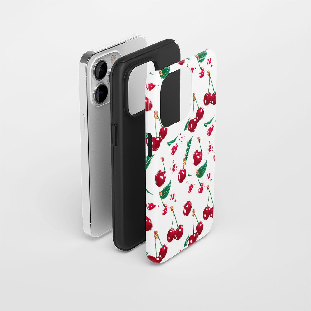 เคส iPhone สีเชอร์รี่ด้านเนื้อแข็งพิมพ์ลายด้วยมือสองชั้น